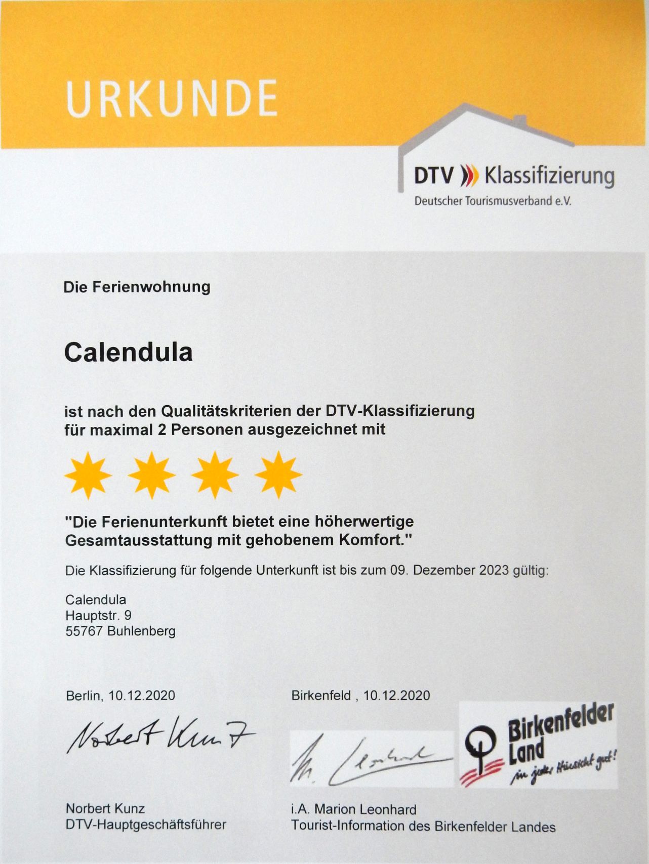 Urkunde CALENDULA ****DTV